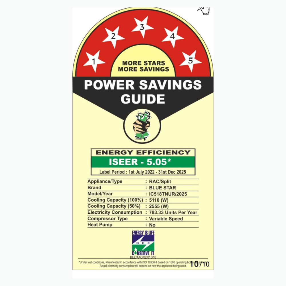 Energy Efficient Cooling with Blue Star IC518TNUR Inverter Split AC-1.5 Ton 5 Star