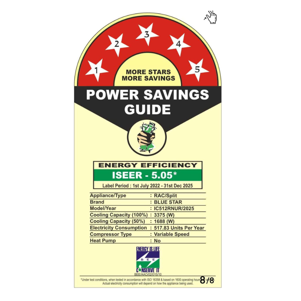 Energy-efficient cooling with Blue Star IC512RNUR Inverter Split AC-1.0 Ton 5 Star