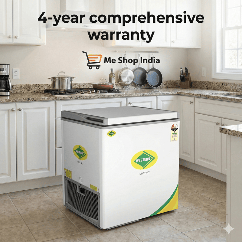 Side profile of Western D225H122 Deep freezer in Gurgaon showing roller wheels.