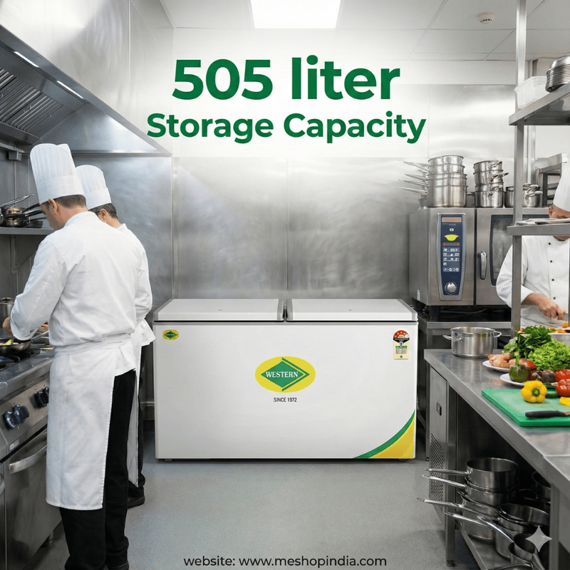 Lock and key arrangement on the Western D525H224 freezer for security in Noida shops.