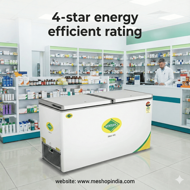 Inside view of Western D525H224 freezer showing storage baskets and high density PUF insulation.