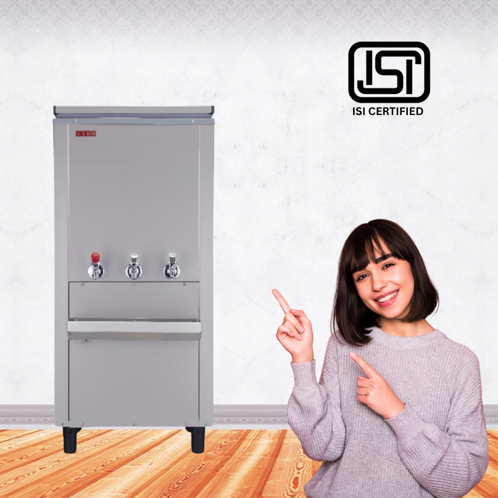 Usha TRIWATER water cooler, stainless steel body, ISI Certified. Usha TRIWATER water cooler, stainless steel body, ISI Certified.