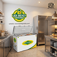 The lock and key arrangement on the Western D350H225 commercial Deep freezer in Delhi.
