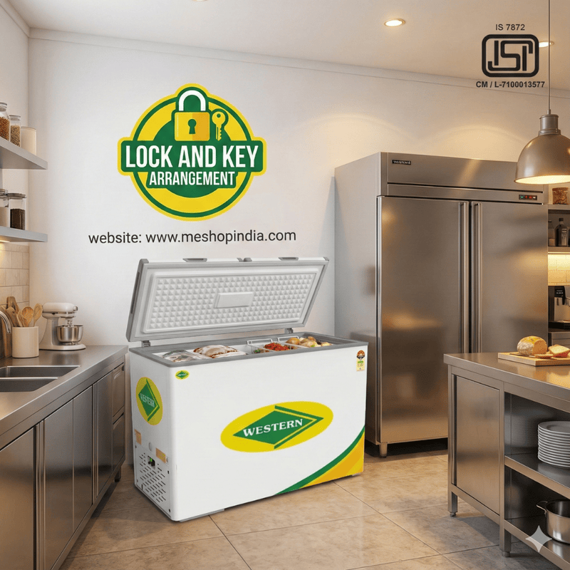 The lock and key arrangement on the Western D350H225 commercial Deep freezer in Delhi.