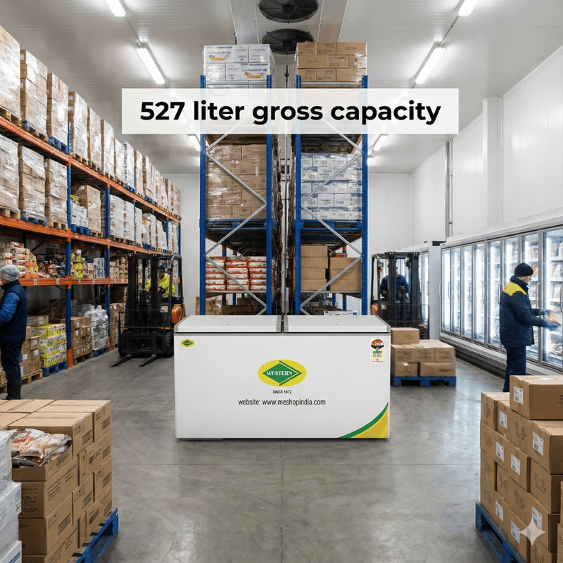 Top view of Western D550H225 convertible freezer showing foam door and inbuilt handle.