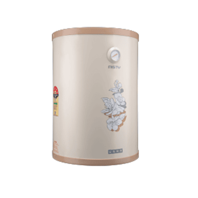 The Usha Misty 15 litre water heater mounted on a modern bathroom wall.