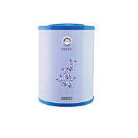 Front view of the Usha Misty 25-liter water heater with a blue hibiscus floral design. Front view of the Usha Misty 25-liter water heater with a blue hibiscus floral design.