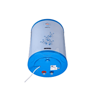 A sleek Usha 25-liter storage water heater featuring a decorative blue floral print. A sleek Usha 25-liter storage water heater featuring a decorative blue floral print.