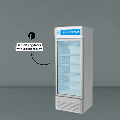 Blue Star 250L visi cooler with internal shelves.