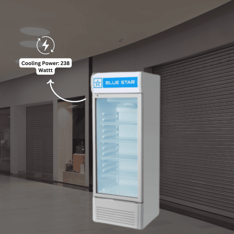 Upright glass door fridge for retail display, Blue Star.