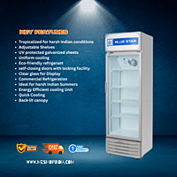 Upright beverage cooler, Blue Star VC400A, with internal shelves.