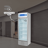 Glass door refrigerator showcasing drinks, Blue Star 385L.
