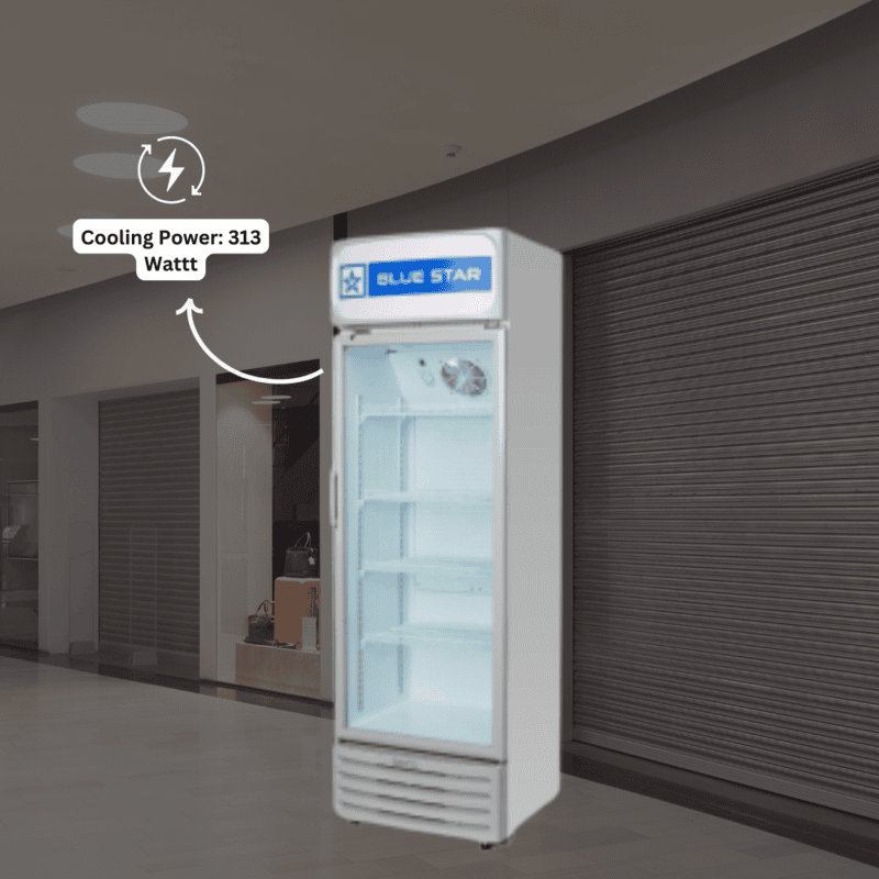 Glass door refrigerator showcasing drinks, Blue Star 385L.