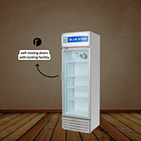 Glass door refrigerator showcasing drinks, Blue Star 165L.