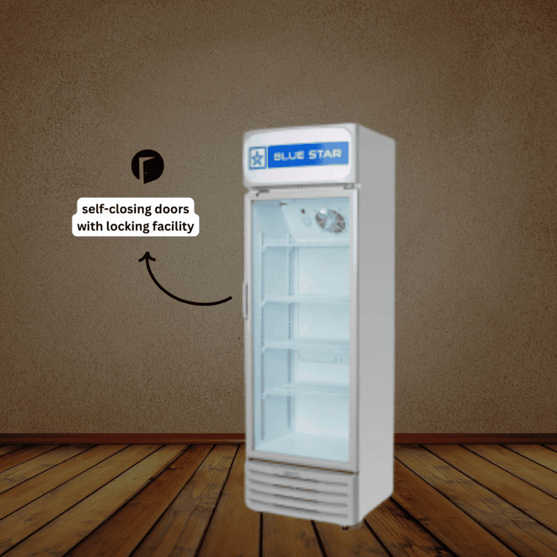Upright glass door fridge for retail display in Uttar Pradesh, Blue Star.