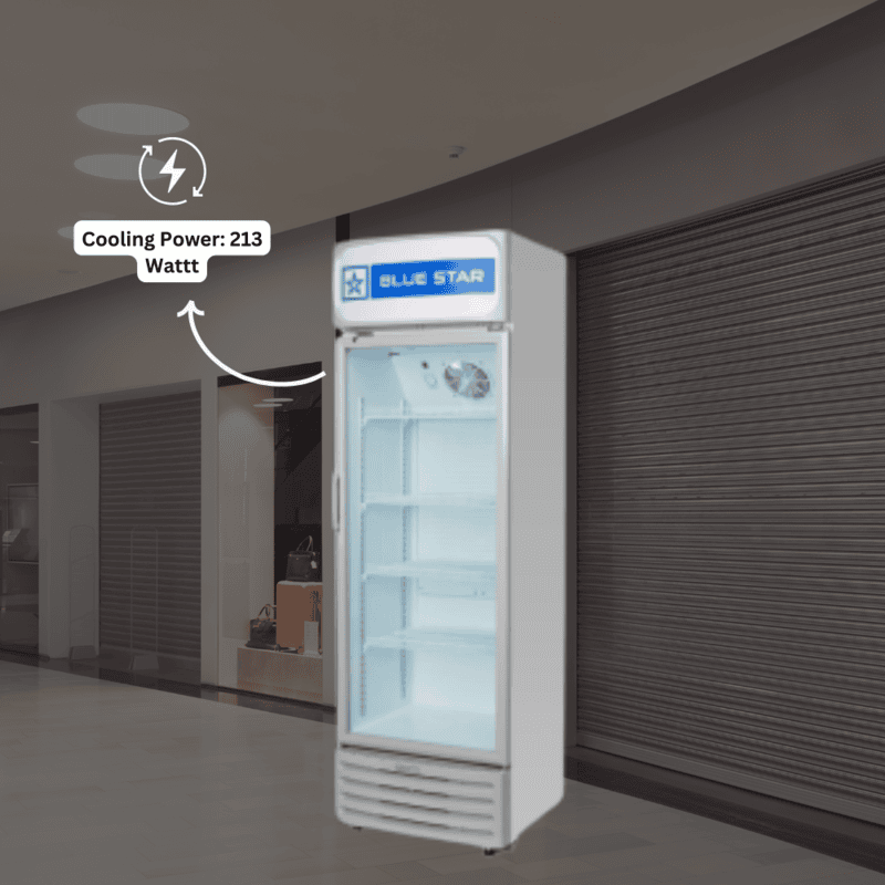 Glass door refrigerator displaying drinks, Blue Star.