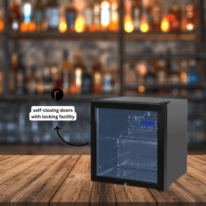 Small glass door refrigerator displaying drinks, Blue Star.