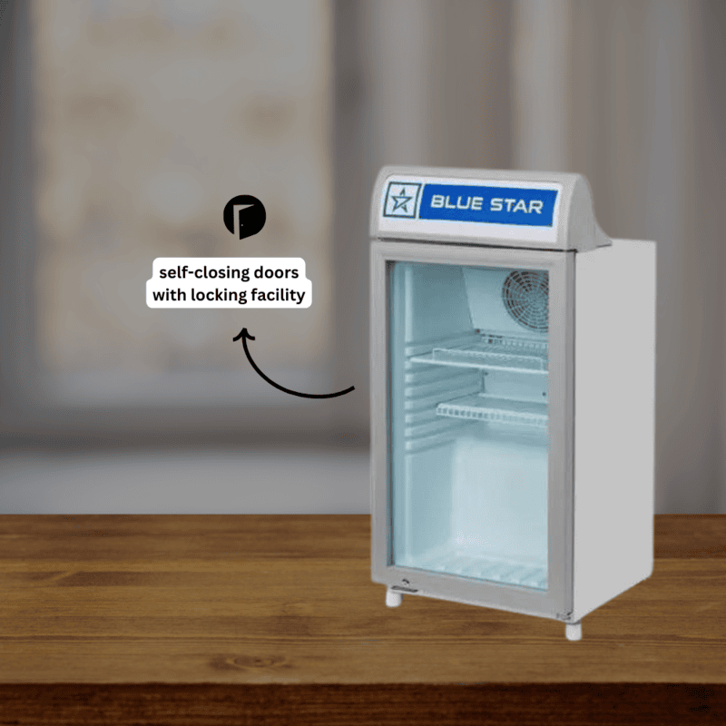 Small glass door refrigerator displaying drinks, Blue Star.