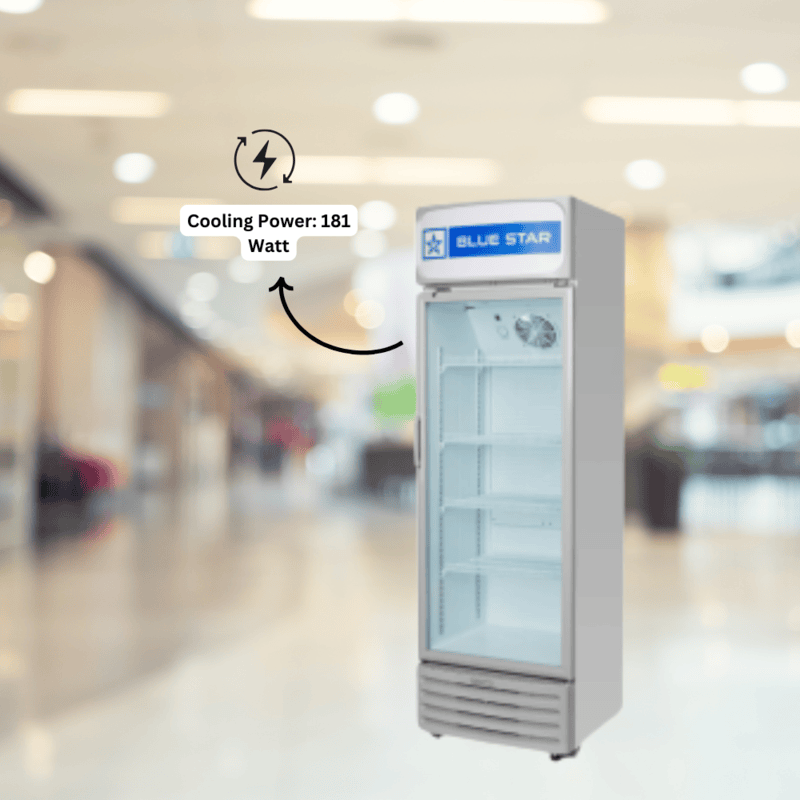 Glass door refrigerator displaying drinks with interior lighting, Blue Star.