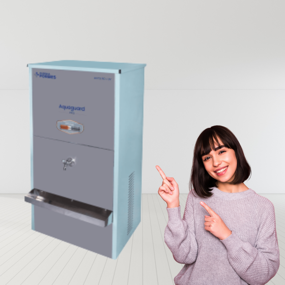 A diagram showcasing the 7-stage purification process of the Aquaguard commercial purifier.