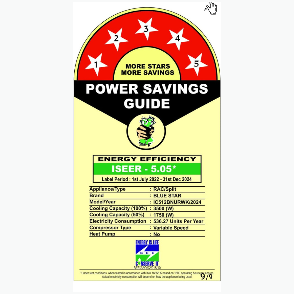 Energy Efficient Cooling with Blue Star IC512BNURWK Inverter Split AC-1 Ton 5 Star