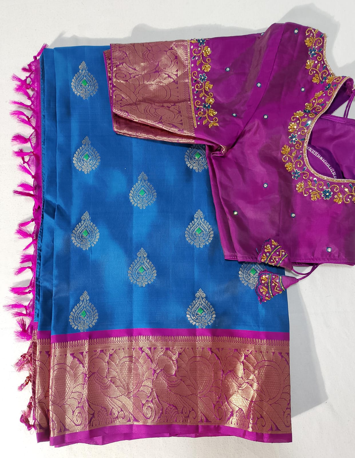 N206: Ready To Ship Beautiful Pure Kanchipattu Saree With Stitched Maggam Work Blouse