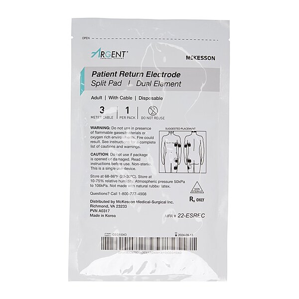 McKesson Argent™ Split Corded Patient Return Electrode, Adult, Disposable