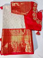 J435: Ready To Ship Beautiful Semi Kanchipattu Saree With Stitched Embroidery Work Blouse