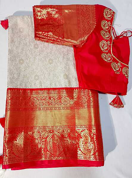 J435: Ready To Ship Beautiful Semi Kanchipattu Saree With Stitched Embroidery Work Blouse