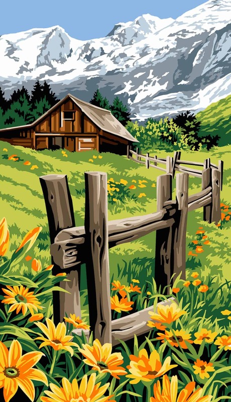 Tela Ricamo Mezzopunto Chalet Alpino con Fiori di Montagna Tela Ricamo Mezzopunto Chalet Alpino con Fiori di Montagna