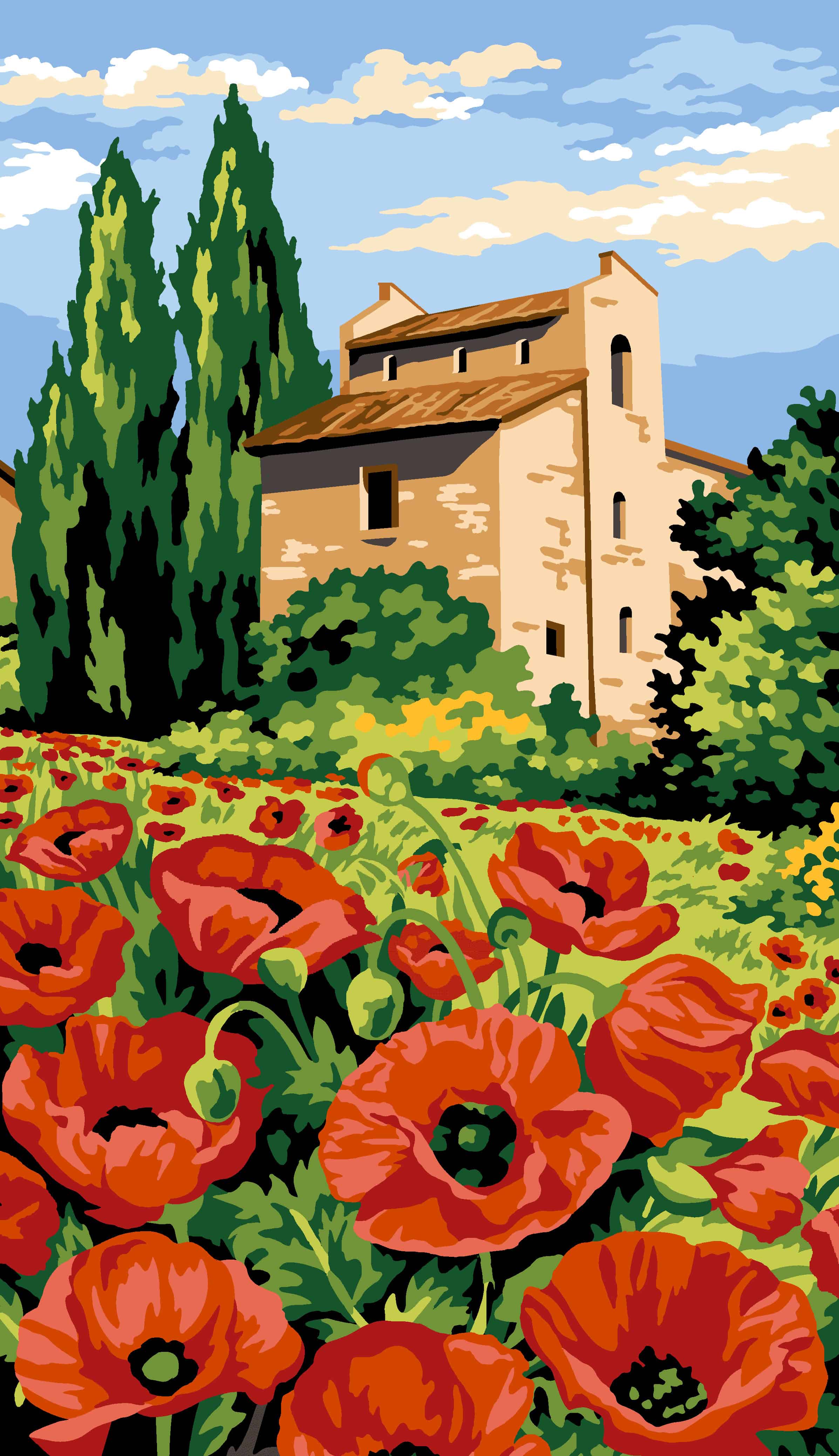 Tramonto in Toscana": Campo di Papaveri e Casale Italiano a Mezzopunto Tramonto in Toscana": Campo di Papaveri e Casale Italiano a Mezzopunto