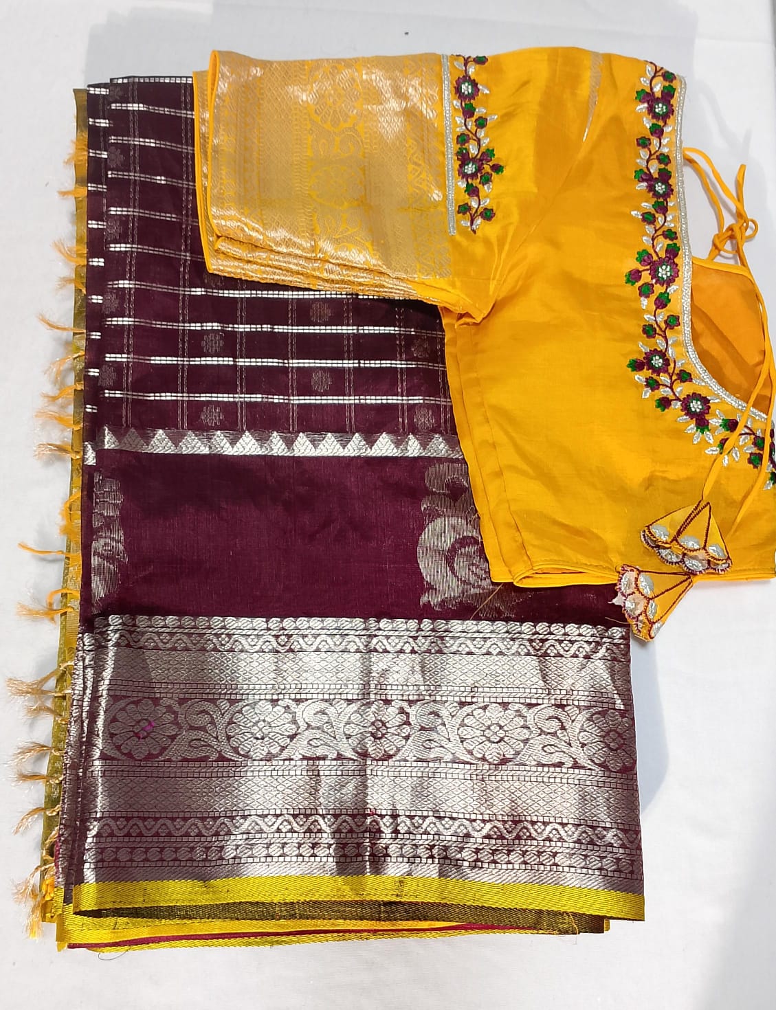 T4: Ready To Ship Beautiful Mangalagiri Kuppadam Saree With Stitched Embriodery Work Blouse
