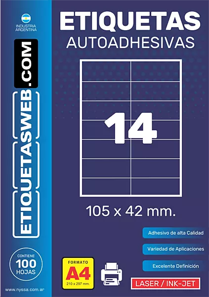 Caja de 100 hojas A4 de etiquetas autoadhesivas 105x42 mm, 14 por hoja, para láser e ink jet