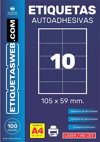 Caja de 100 hojas A4 de etiquetas autoadhesivas 105x59 mm, 10 por hoja, para láser e ink jet