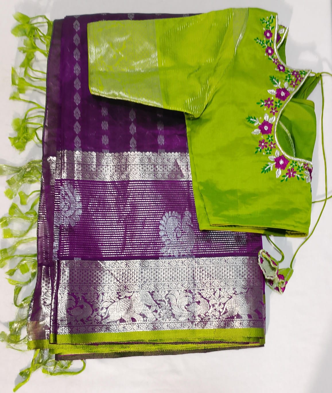 T5: Ready To Ship Beautiful Mangalagiri Kuppadam Saree With Stitched Embriodery Work Blouse
