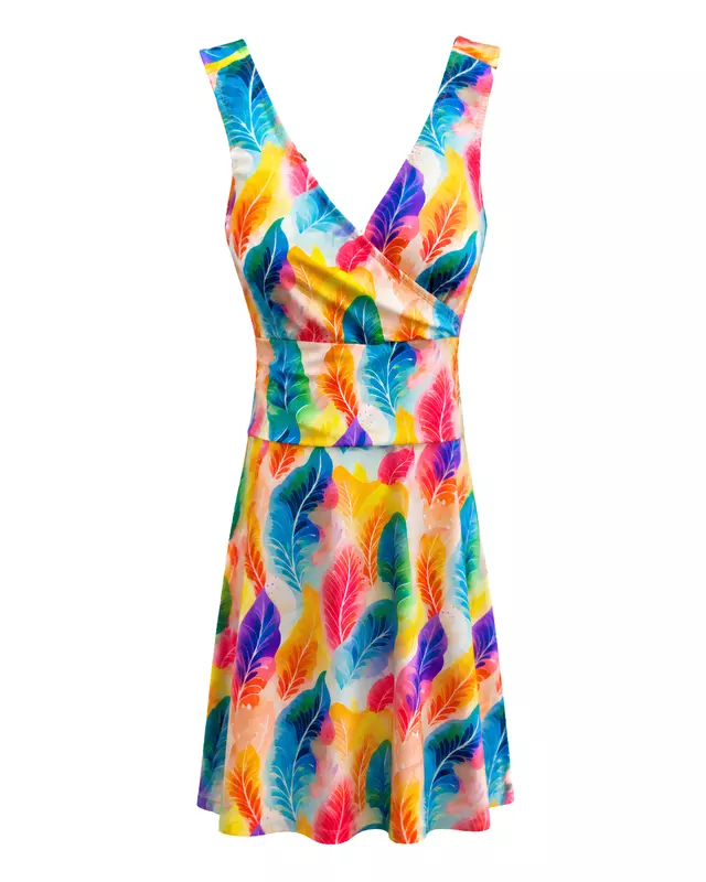 Women's Colorful Feather Print V-Neck Swim Dress