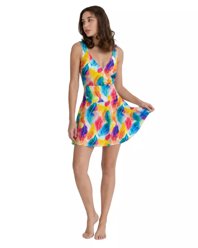 Women's Colorful Feather Print V-Neck Swim Dress