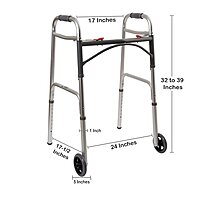 McKesson Dual Release Folding Walker with Wheels, Adjustable Height 32 to 39 Inch, Aluminum Frame, 350 lb Capacity