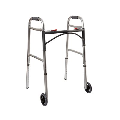 McKesson Dual Release Folding Walker with Wheels, Adjustable Height 32 to 39 Inch, Aluminum Frame, 350 lb Capacity