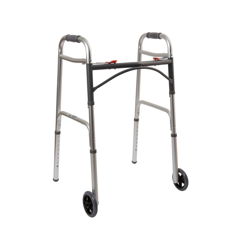 McKesson Dual Release Folding Walker with Wheels, Adjustable Height 32 to 39 Inch, Aluminum Frame, 350 lb Capacity