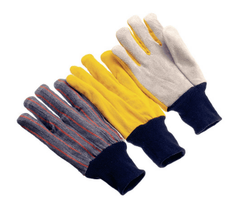 Yellow canvas back, lined palm, blue knit wrist, men’s