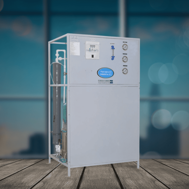 Side view of the Aquaguard RO Plant 250 LPH, showcasing its compact and organized skid design.