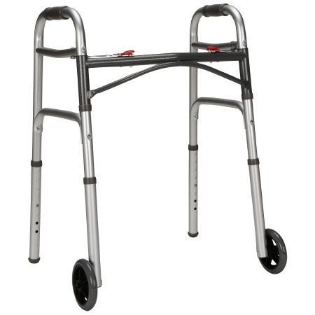 McKesson Dual Release Folding Walker with Wheels, Adjustable Height 25 to 32-1/4 Inch, Aluminum Frame, 350 lb Capacity