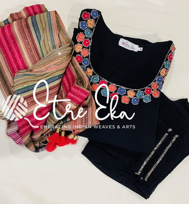 Party Wear Designer Salwar Set-Black Khadi with Multicolored Chinnon Dupatta/Silk and Cut Bead Embroidered