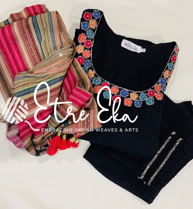 Party Wear Designer Salwar Set-Black Khadi with Multicolored Chinnon Dupatta/Silk and Cut Bead Embroidered