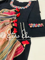 Party Wear Designer Salwar Set-Black Khadi with Multicolored Chinnon Dupatta/Silk and Cut Bead Embroidered