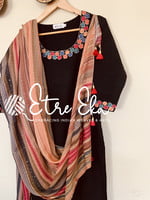 Party Wear Designer Salwar Set-Black Khadi with Multicolored Chinnon Dupatta/Silk and Cut Bead Embroidered