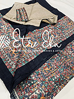 Bhagalpuri Black Tussar Silk- Desi Handwoven Tussar Silk- Madhubani Hand Painted Saree with Stitched Blouse