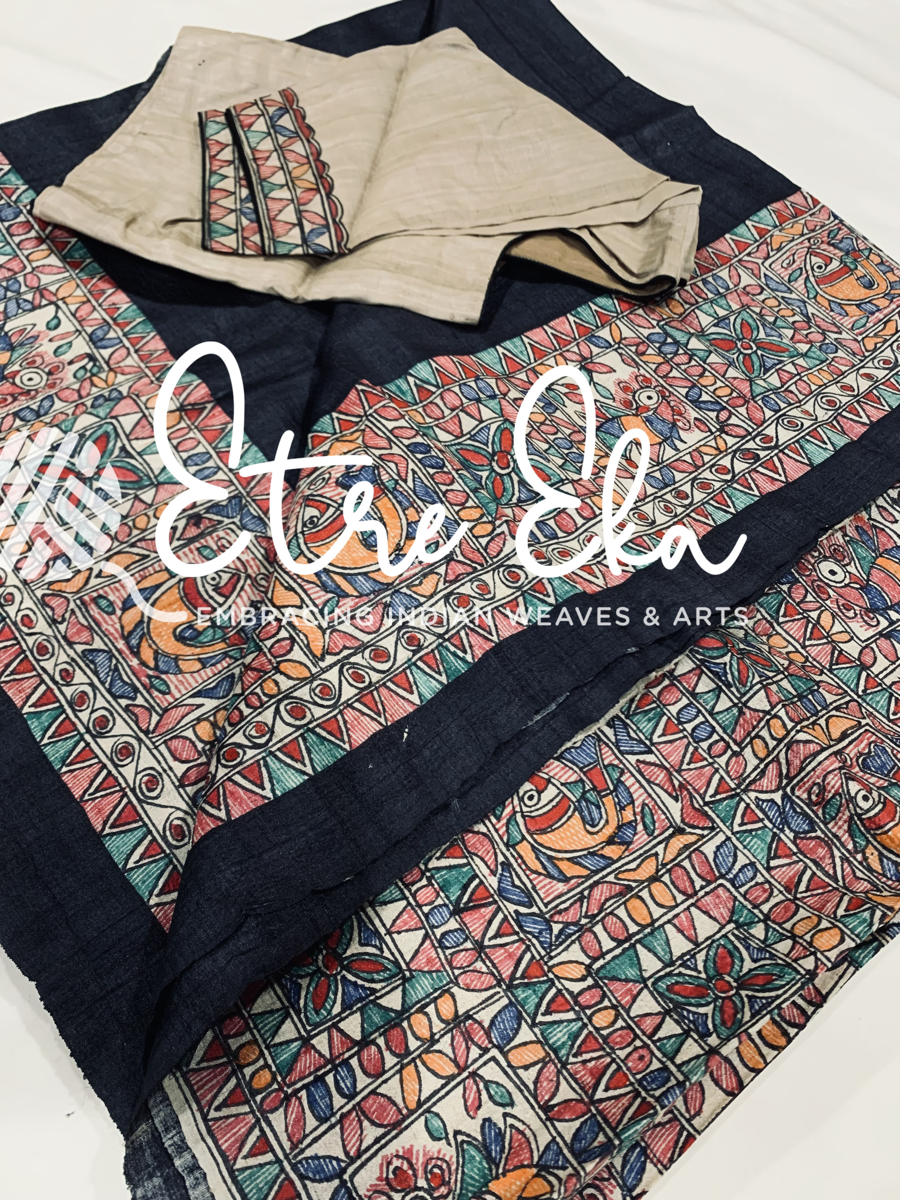 Bhagalpuri Black Tussar Silk- Desi Handwoven Tussar Silk- Madhubani Hand Painted Saree with Stitched Blouse