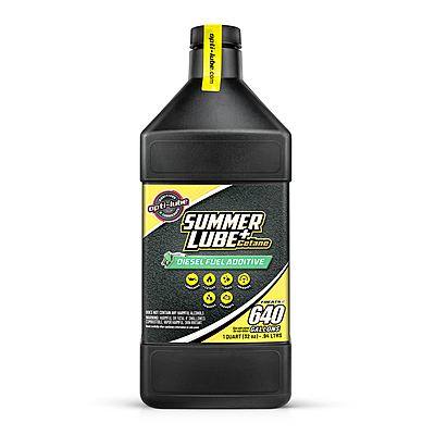Front of Summer+ Cetane 1-quart bottle with yellow label and black cap Front of Summer+ Cetane 1-quart bottle with yellow label and black cap